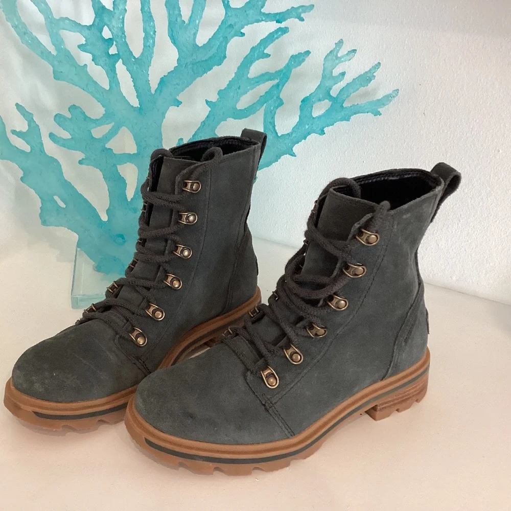 NEW SOREL blue gray military style combat suede ankle shoelace boots 6.5